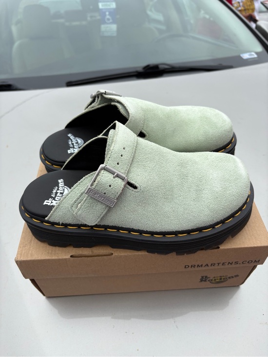 Dr. Martens Shoes - Dr. Martens Mint Green Suede Clog Mules with Buckle